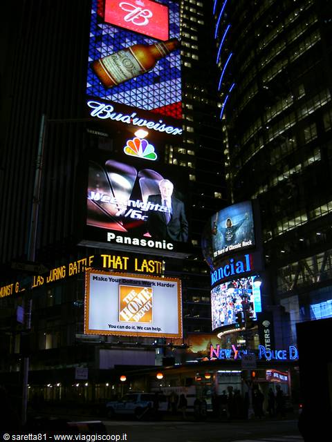 Glowing billboards at night in Times Square, Budweiser and Panasonic screens on skyscrapers