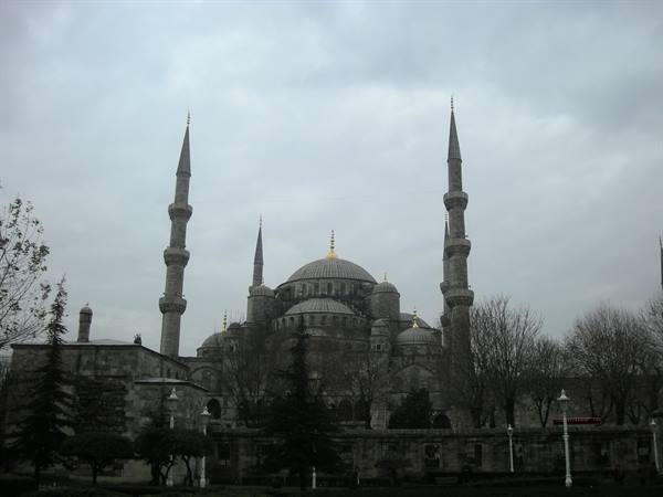 Blue Mosque in Istanbul, dome and minarets under a grey sky