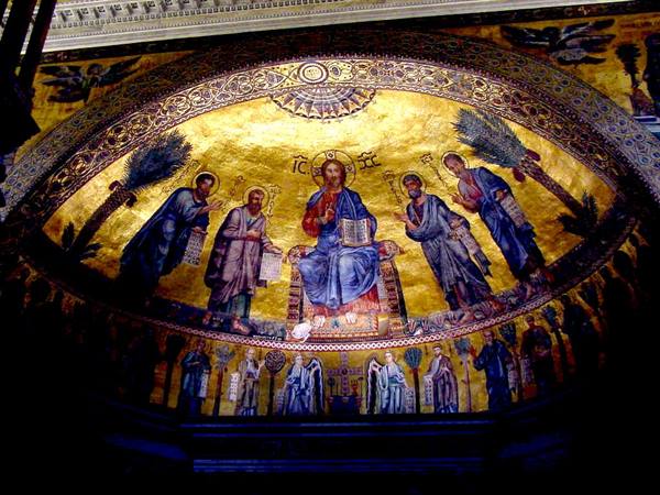 Golden apse mosaic in Santa Cecilia in Trastevere, Christ among saints