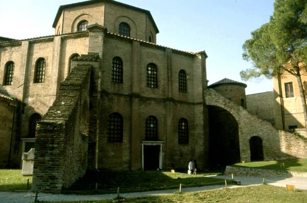Basilica of San Vitale in Ravenna, brick walls under sunlight