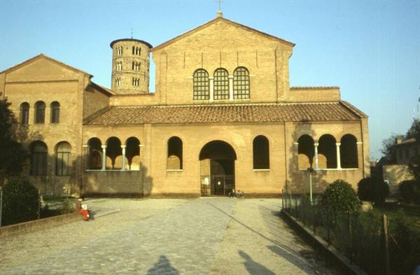 Brick facade with arched loggia and cylindrical bell tower, Ravenna