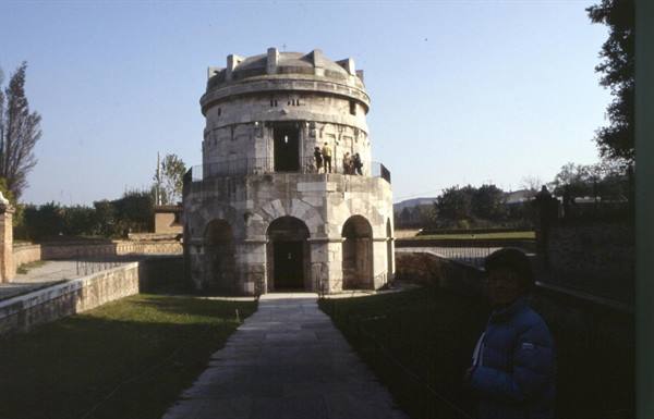 Tourists on Theodoric's Mausoleum, Istrian stone in clear light