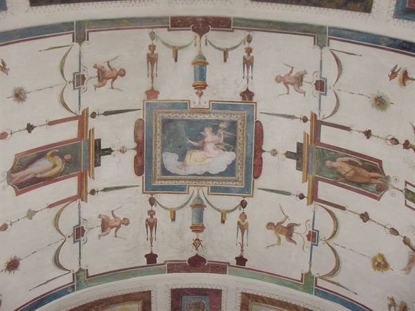 Frescoed ceiling with mythological figures and putti, Pompeian style