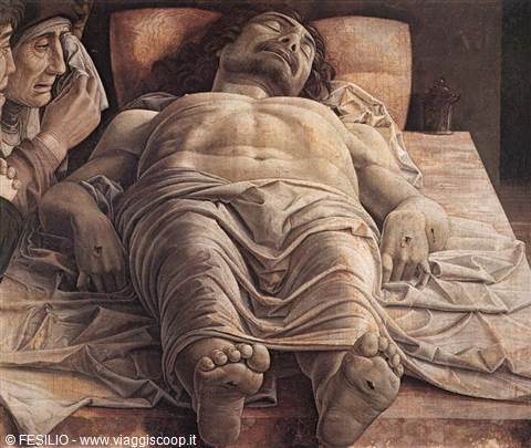 Mantegna's dead Christ lying on a bed, painting at Pinacoteca di Brera