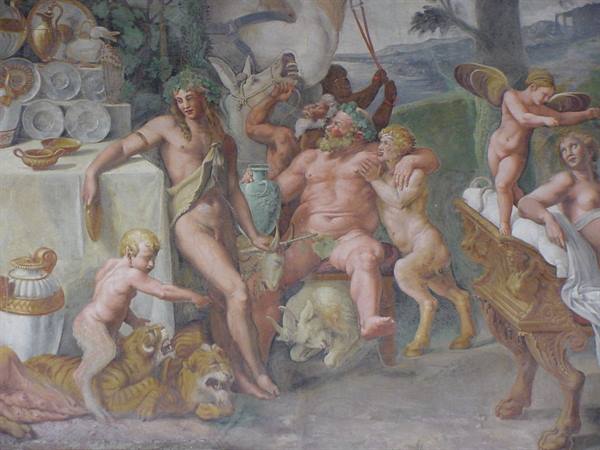 Mythological fresco of Silenus with satyrs and a horse statue