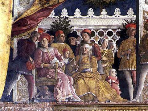 Ghirlandaio fresco: Florentine nobles in rich robes, decorated courtyard, natural light