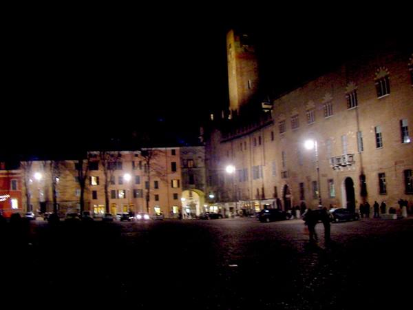 Night square in Ferrara with the Este Castle lit by streetlights
