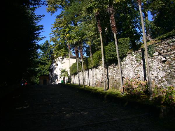 Stone avenue beside old wall and white chapel, sunlight filtering through trees