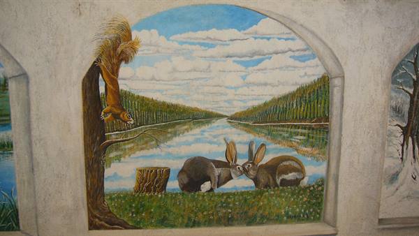 Fresco painting of squirrel and rabbits in front of a lake between forests