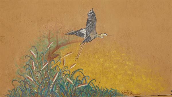 Painting of a flying heron among reeds on ochre background