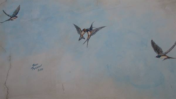 Fresco of swallows flying on a blue background, signed and dated 2003