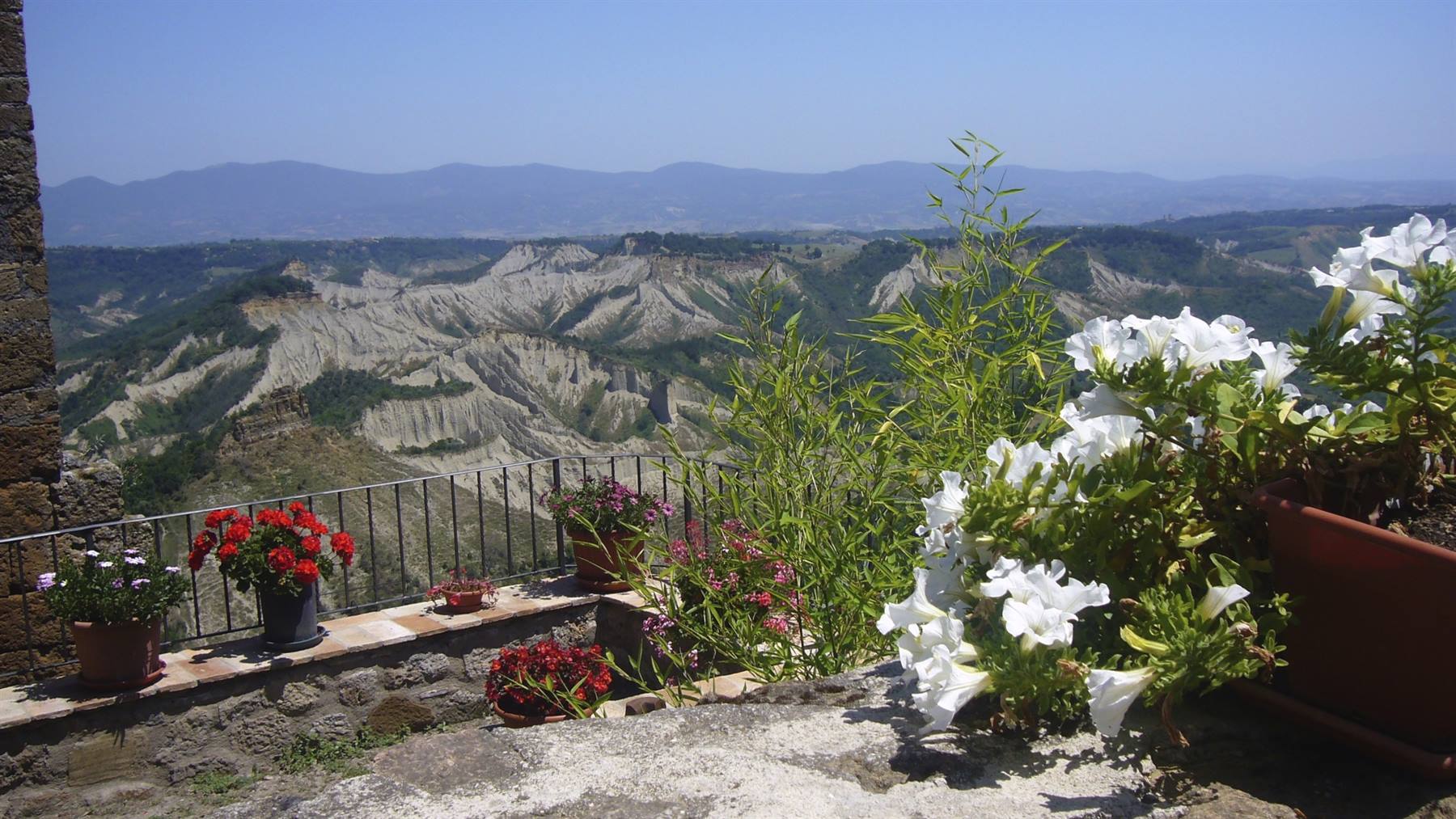 Fiori in vaso su terrazza di pietra, oltre il parapetto le calanchive di Civita di Bagnoregio