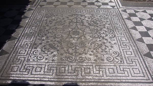 Roman black-and-white mosaic floor with floral patterns and Greek key, Pompeii