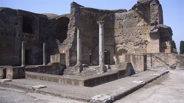 Ancient brick ruins and marble columns at Hadrian's Villa, Tivoli