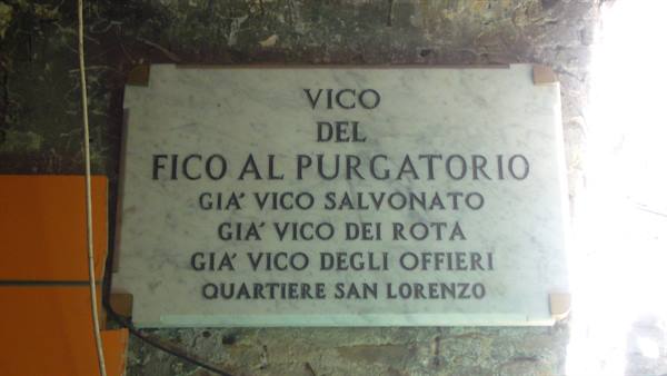 Marble street sign of Vico del Fico al Purgatorio, San Lorenzo district, Genoa