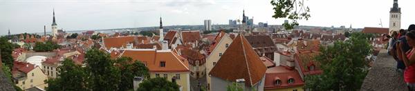 Tourists on a stone wall overlook Tallinn old town's red rooftops and spires