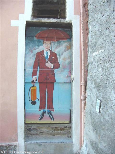 Door mural of a man in a red suit with umbrella and fire extinguisher