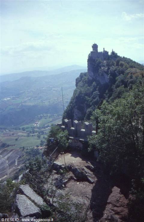 San Marino stone fortress tower atop the rocky cliff