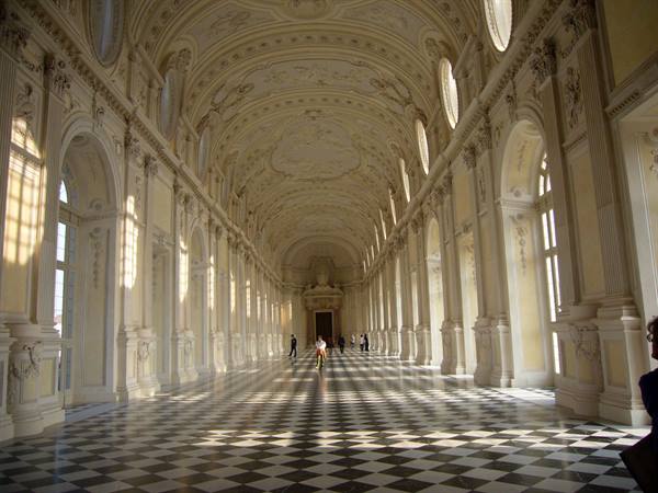 Grand Gallery of Venaria Royal Palace, vaulted ceilings and checkerboard marble floor