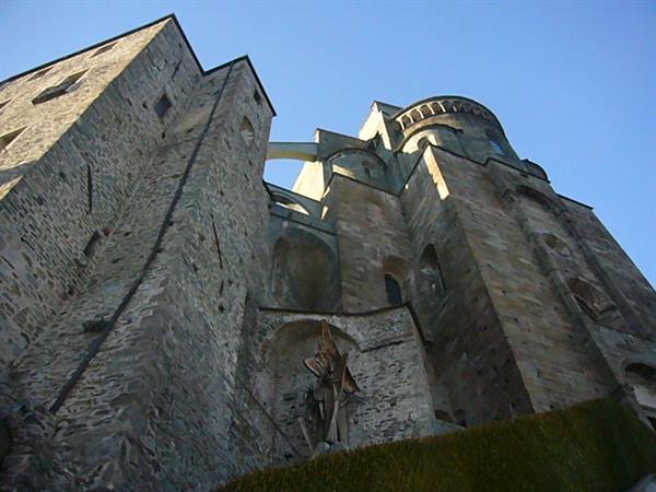 Sacro di San Michele abbey, stone towers against blue sky