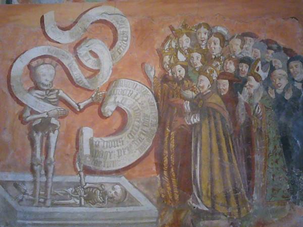 Medieval fresco: skeleton holding a scroll before a procession of nobles and bishops