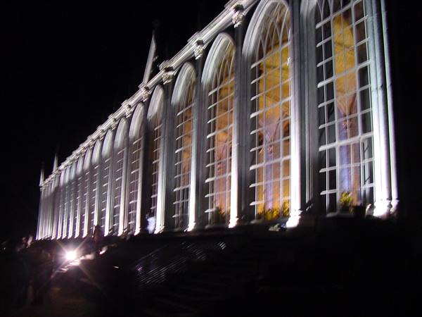 Gothic arched glass facade lit at night, warm light glowing through windows
