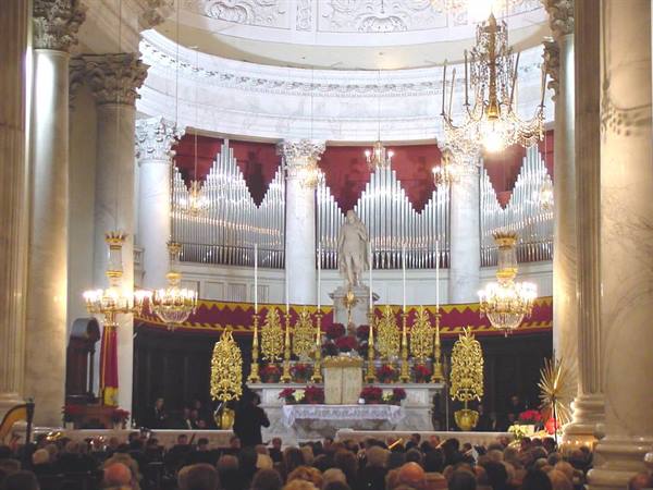Inside St. Paul's Basilica in Rome during a religious celebration