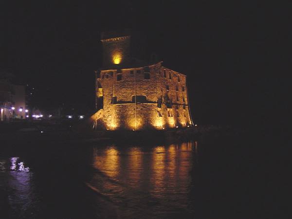 Rapallo castle lit up at night by the water