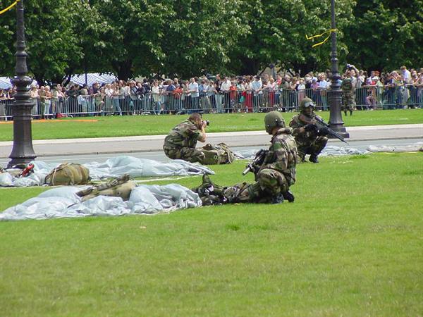 Camouflaged soldiers with rifles kneeling on grass after parachute drop, crowd behind barriers