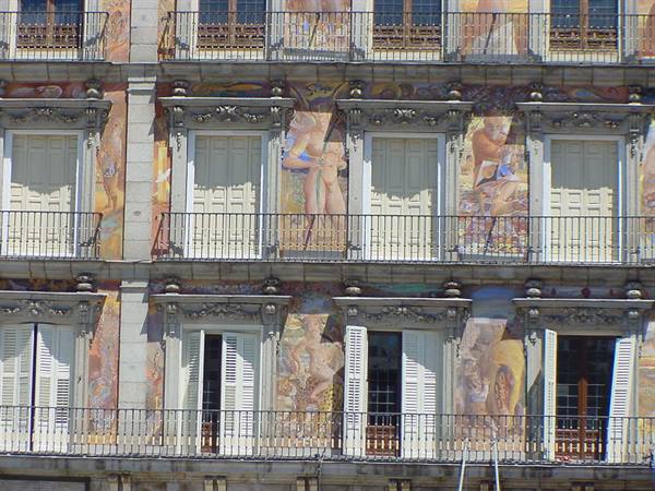Frescoed facade with wrought-iron balconies, Casa de la Panadería, Madrid