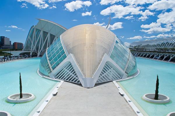 Calatrava's L'Hemisfèric in Valencia, glass dome surrounded by turquoise pools