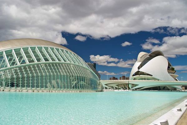 City of Arts and Sciences in Valencia: white glass and steel shells over turquoise water