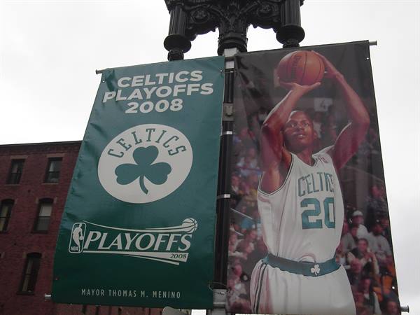 Celtics 2008 Playoffs banners hanging on a lamppost