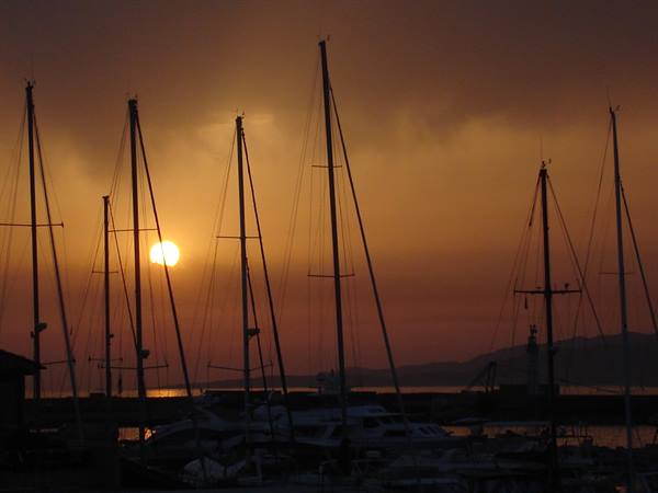 Sailboat masts silhouetted against the low sun in the harbor