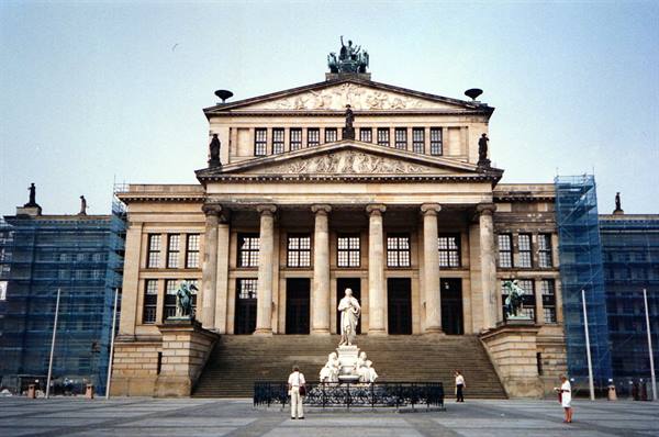 Berlin's Konzerthaus with the Schiller statue, scaffolding on both sides