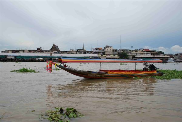 Thai longtail boat with colorful roof on the Chao Phraya river