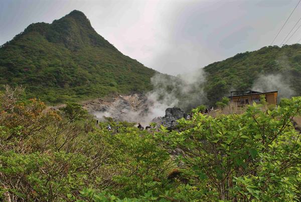 Steam rises from gray volcanic rocks among green shrubs, forested mountain behind, Ōwakudani