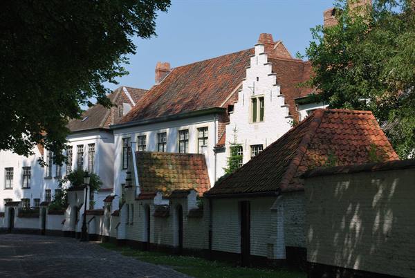 White houses with red tile roofs in Bruges, morning light through the trees