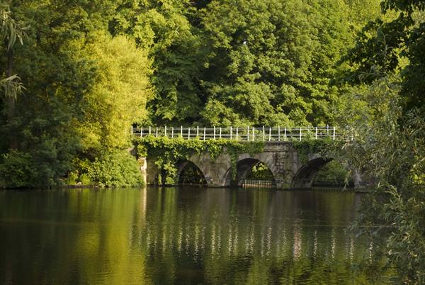 Stone bridge with arches and white railing, surrounded by trees, reflected in the lake