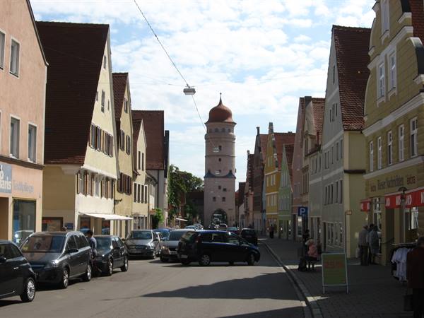 Street with half-timbered houses and medieval tower in Donauwörth
