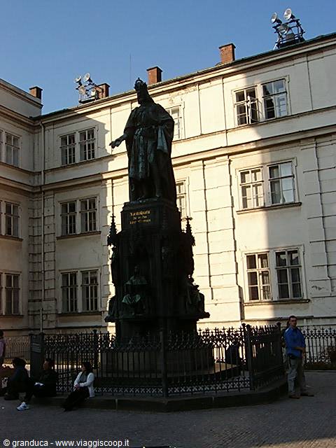 Bronze statue of Charles IV in front of Prague Castle palace