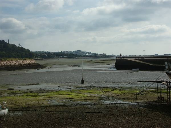 Bay at low tide, green seaweed, pier and boats under cloudy sky