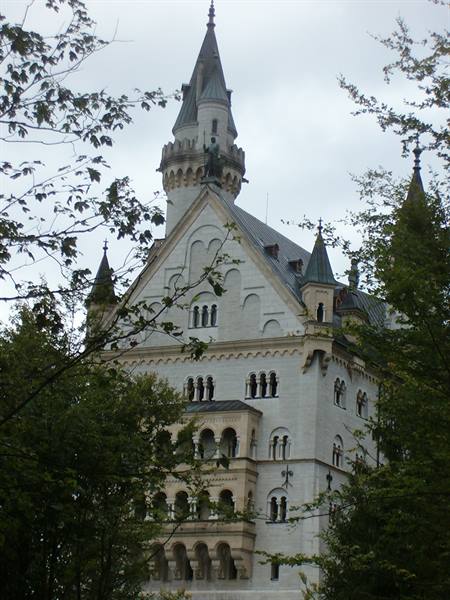 Neuschwanstein castle peeking through trees, white facade and towers under gray sky