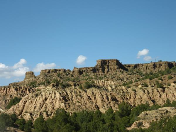 Eroded sandstone rock formations under blue sky, green pine trees below
