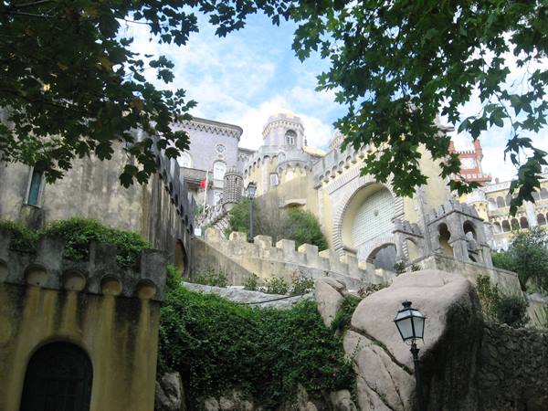 Pena Palace in Sintra, colorful walls among rocks and trees