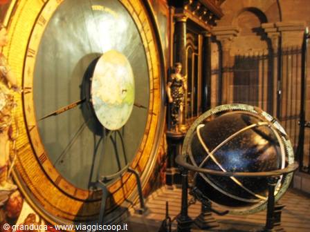 Medieval astronomical clock with metal celestial globe inside Strasbourg Cathedral
