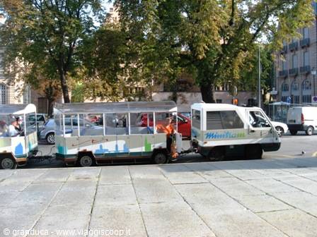 White tourist road train with open carriages driving along a tree-lined city street