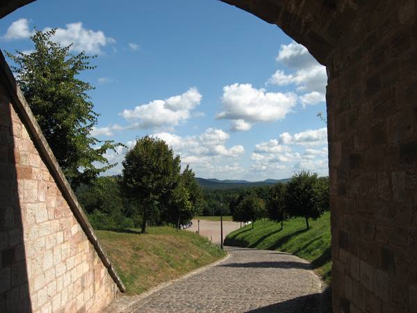 Cobblestone road under a stone arch, trees and green hills