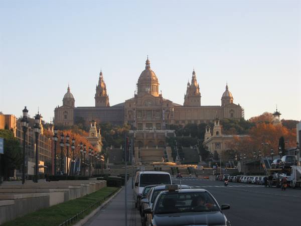 National Art Museum of Catalonia in Barcelona, cars parked along the avenue