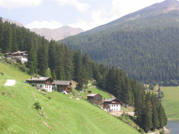 Wooden farmhouses on green meadow below conifers, Dolomite mountains and lake